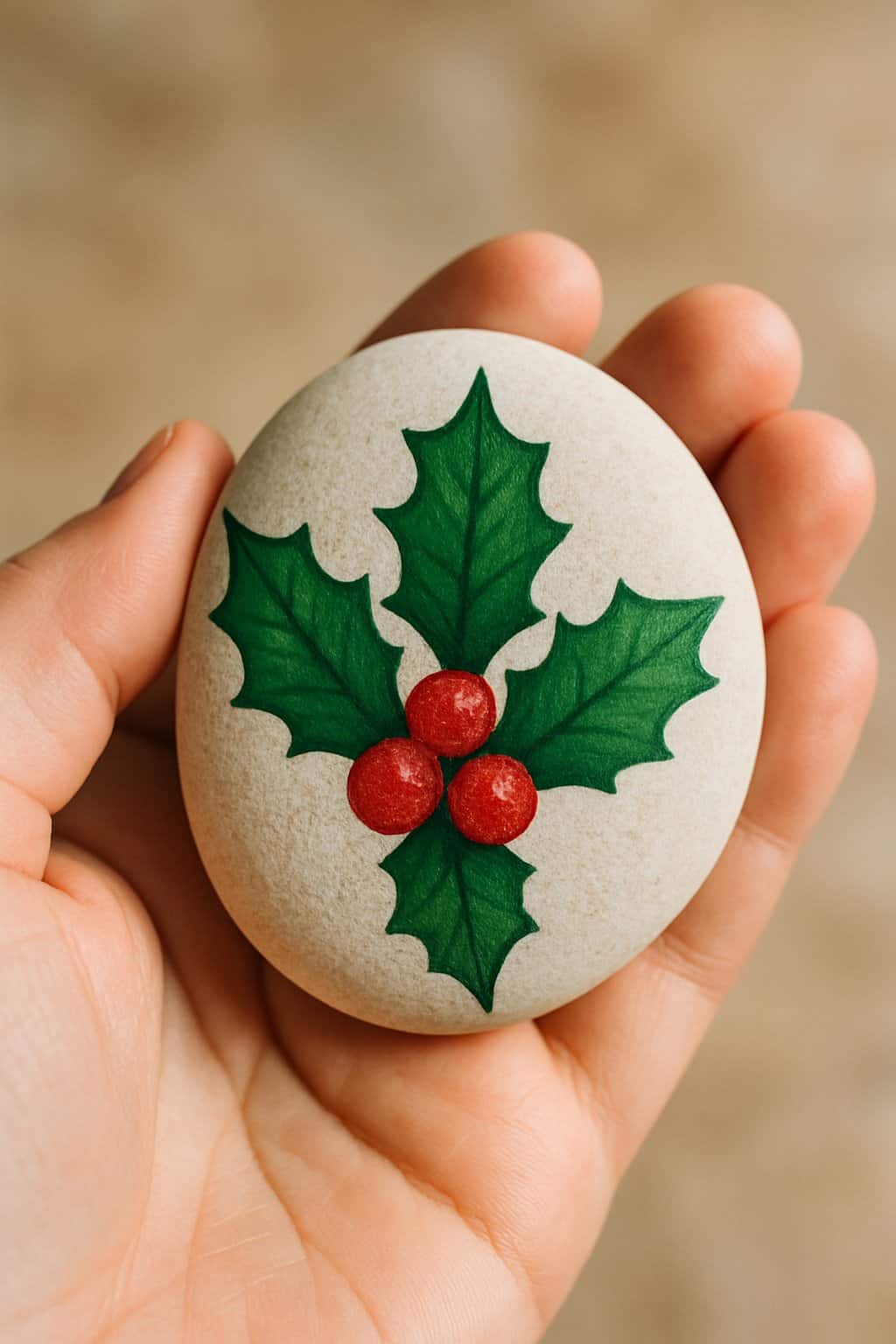 A hand holding a smooth river rock painted with holly leaves and red berries.