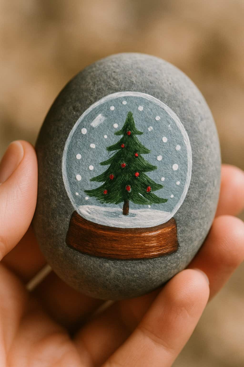 A hand holding a smooth river rock painted with a tiny Christmas tree inside a snow globe.