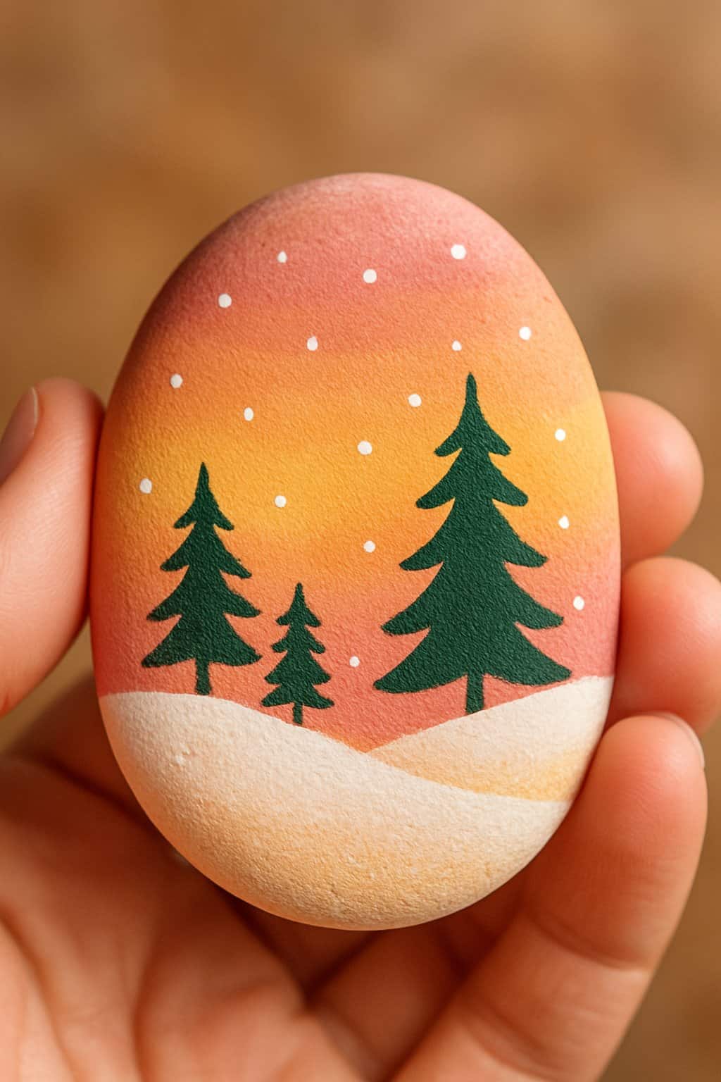 A hand holding a smooth river rock painted with a Christmas sunrise design featuring trees and snowflakes.