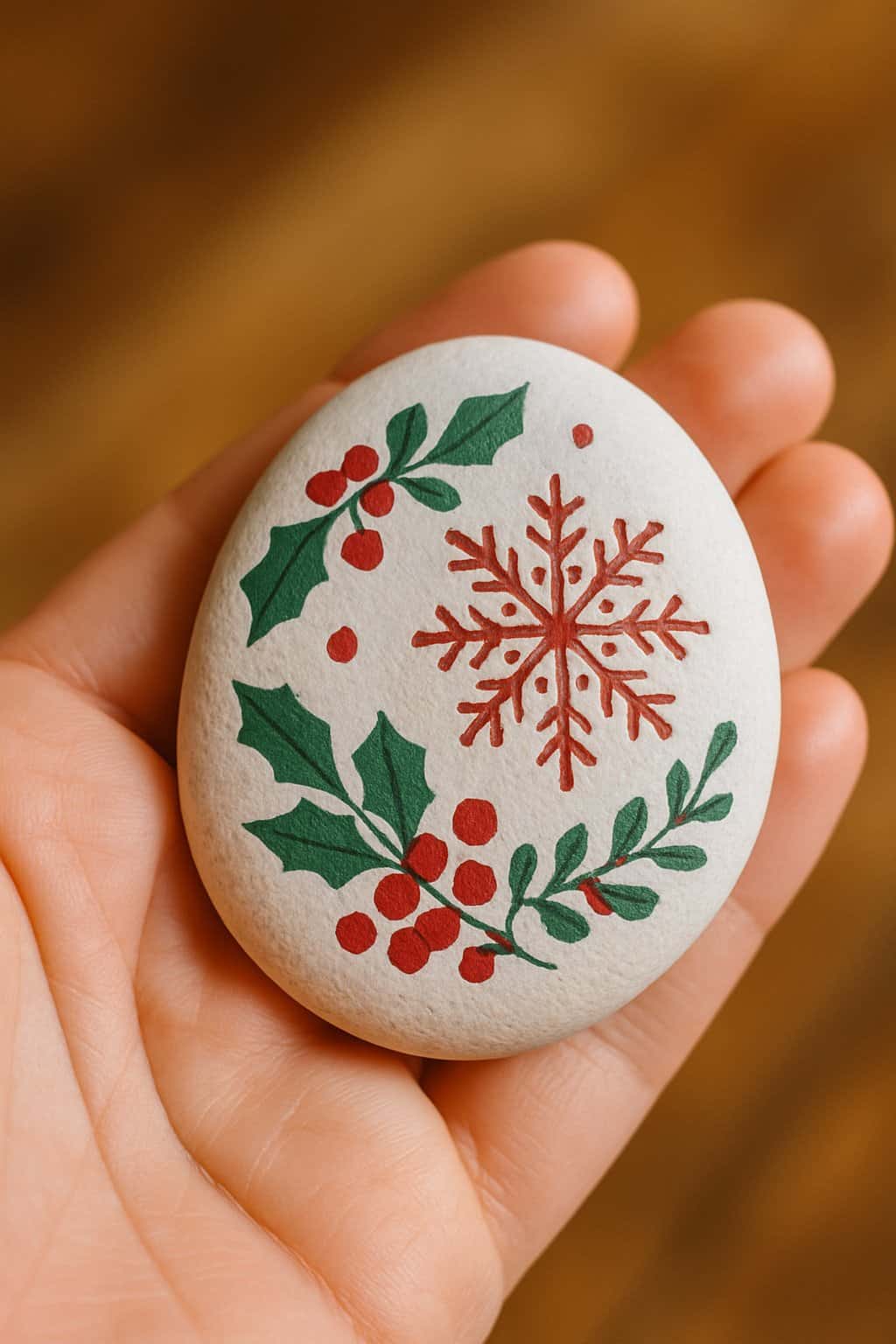 A hand holding a smooth river rock painted with a festive holiday design.