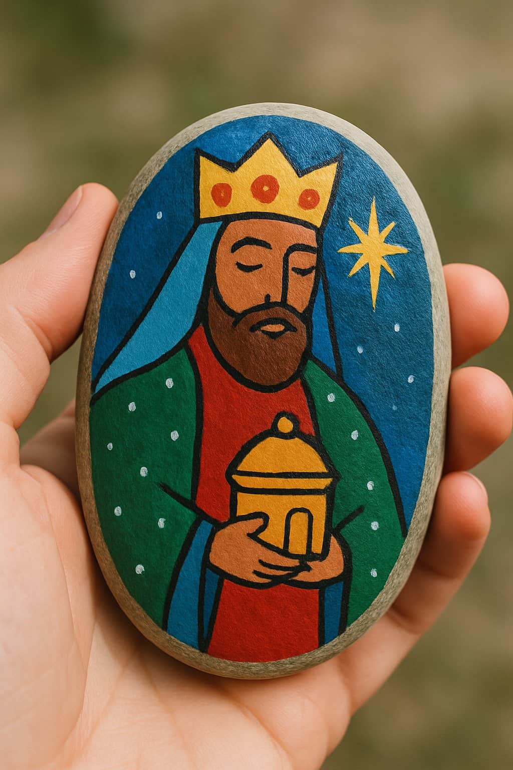 A hand holding a smooth painted rock depicting a Nativity wise man figure.