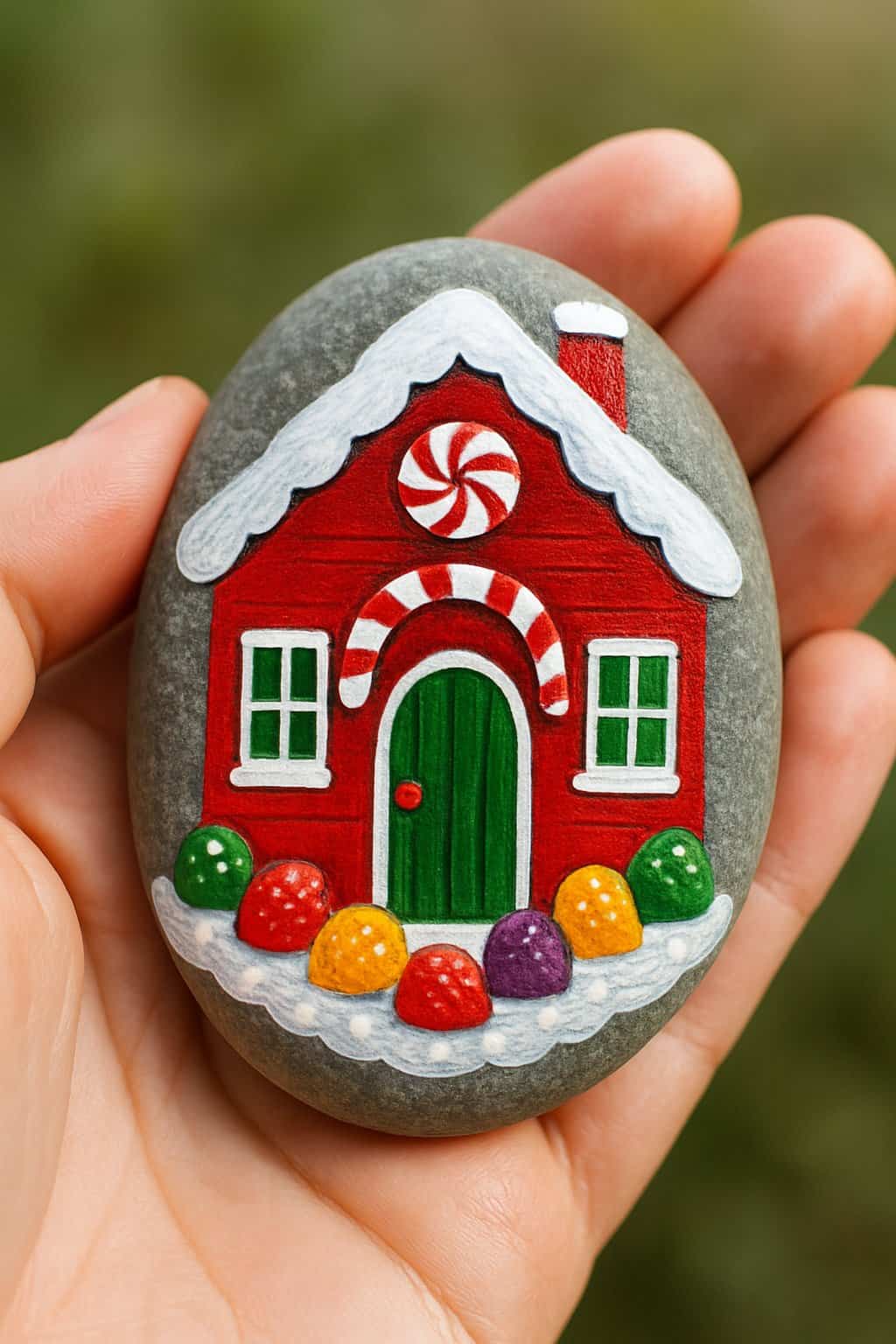 A hand holding a smooth painted rock featuring a Christmas candy house decorated with gumdrops.
