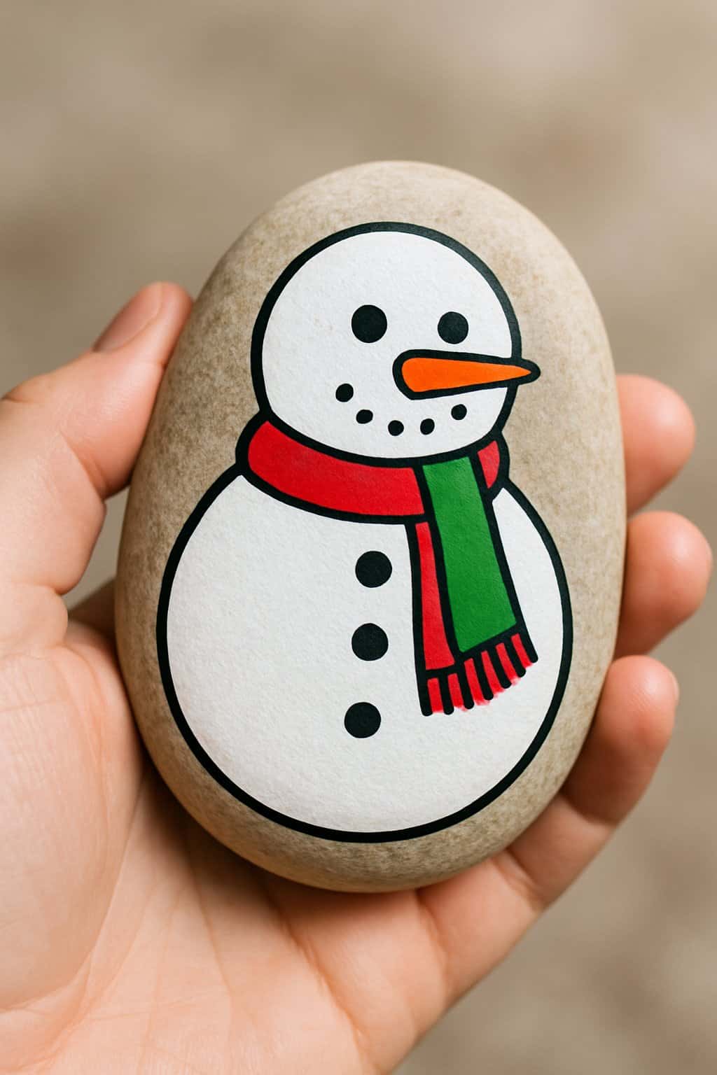 A hand holding a smooth river rock painted with a snowman design.
