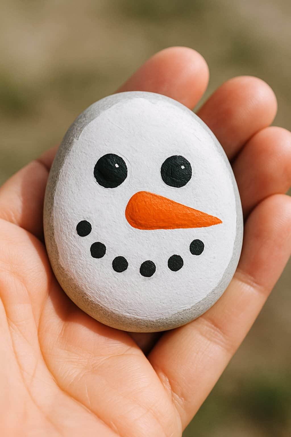 Hand holding a smooth river rock painted with a classic snowman face, including black eyes, mouth, and an orange carrot nose.