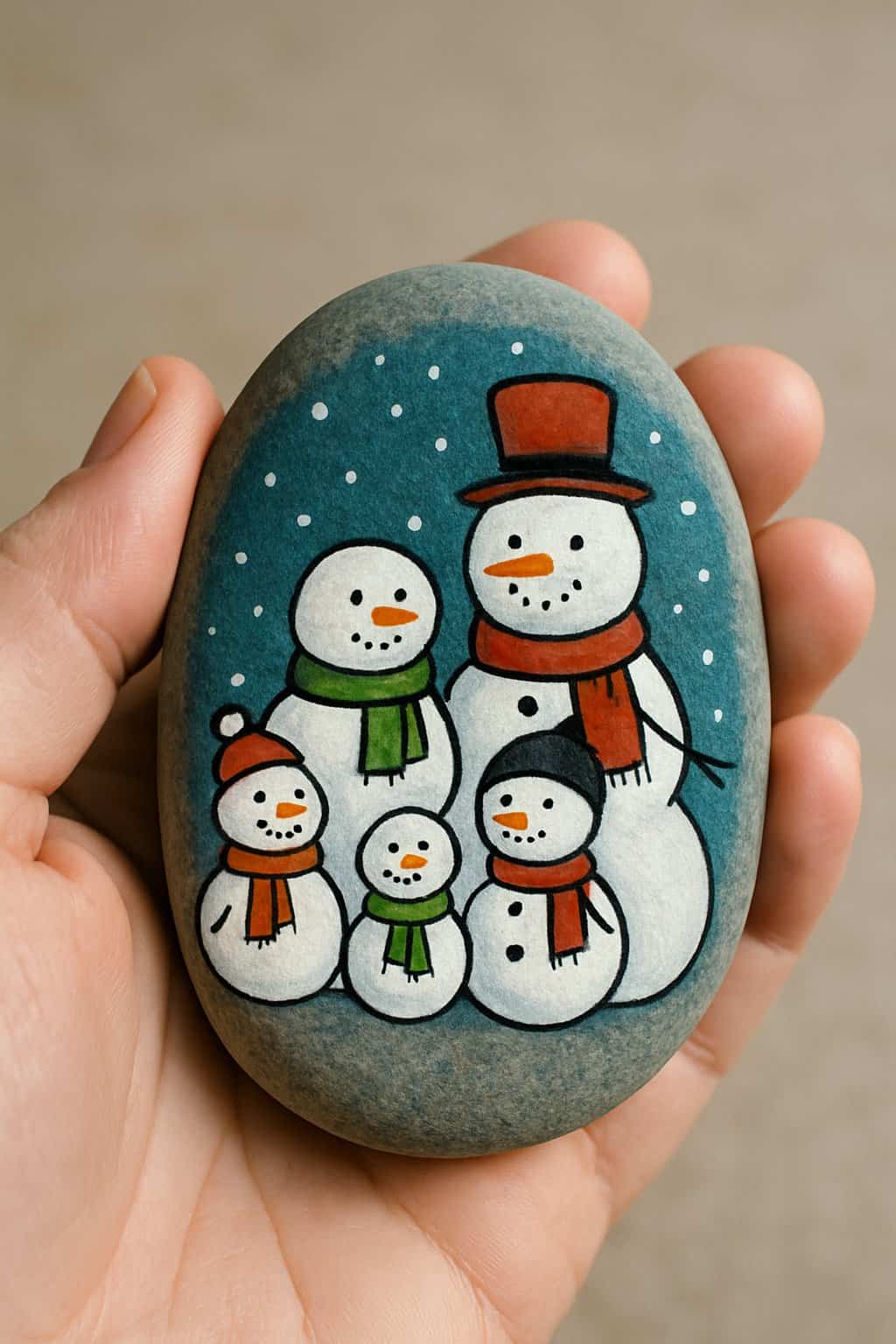 A hand holding a smooth river rock painted with a snowman family design in different sizes.