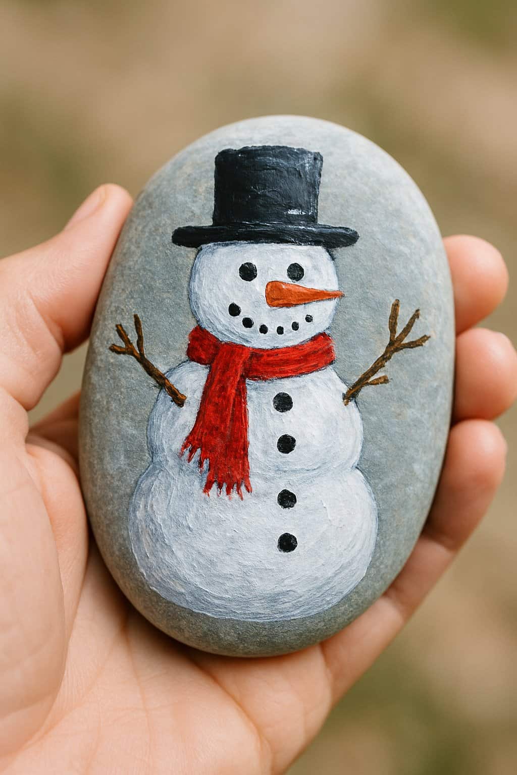 A hand holding a smooth river rock painted with a snowman wearing a top hat and scarf.
