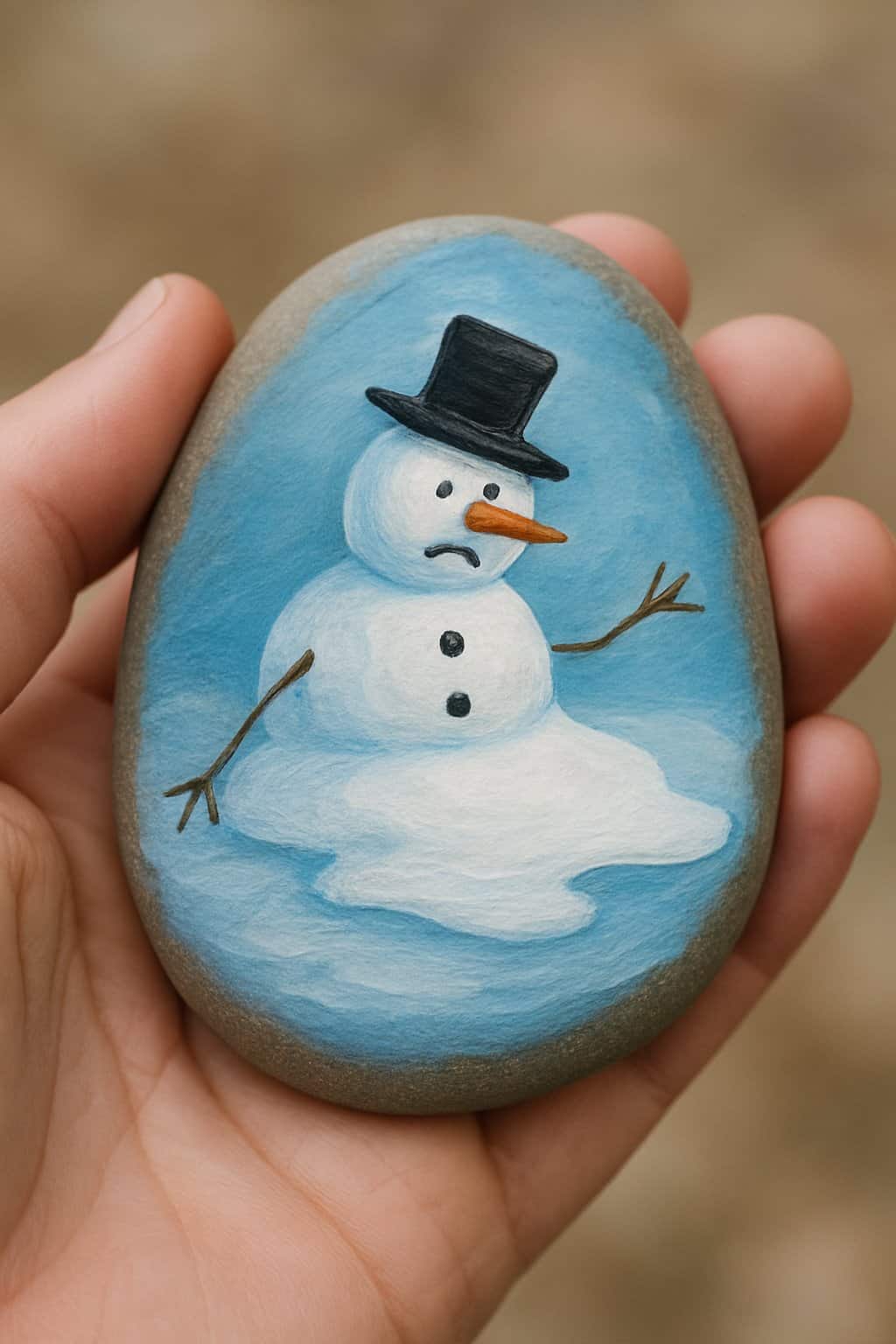 A hand holding a smooth river rock painted with a melting snowman design.