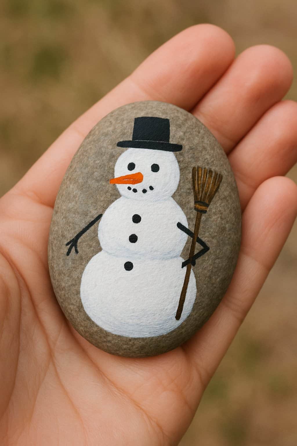 A hand holding a smooth river rock painted with a snowman holding a tiny broom.