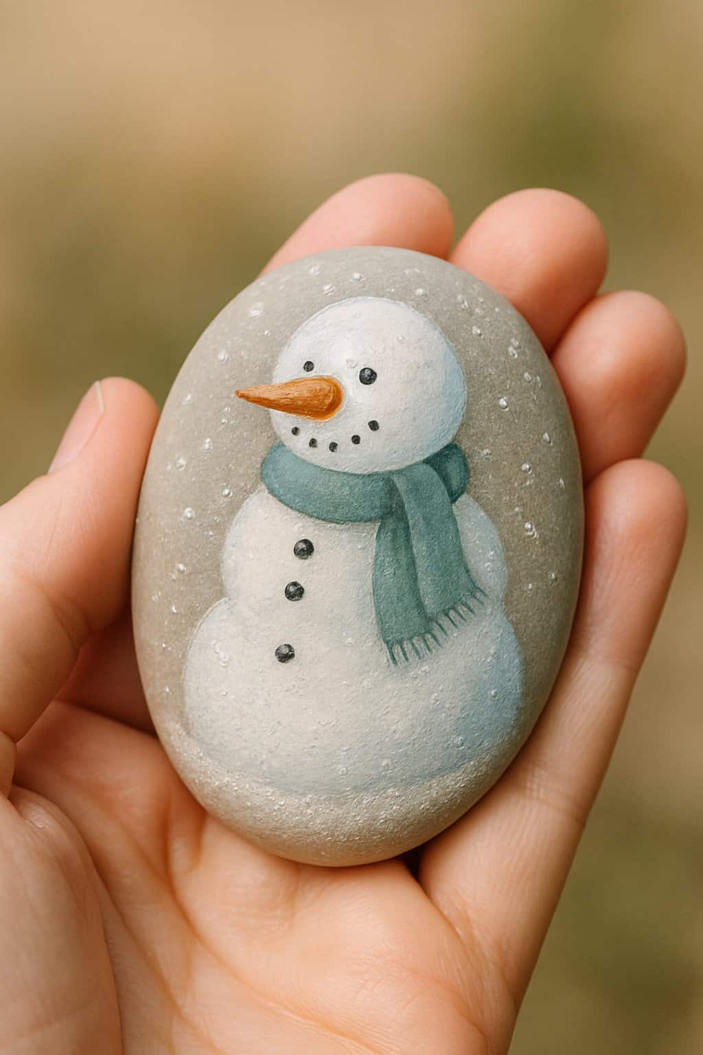 A hand holding a smooth river rock painted with a snowman design and glittery snow accents.