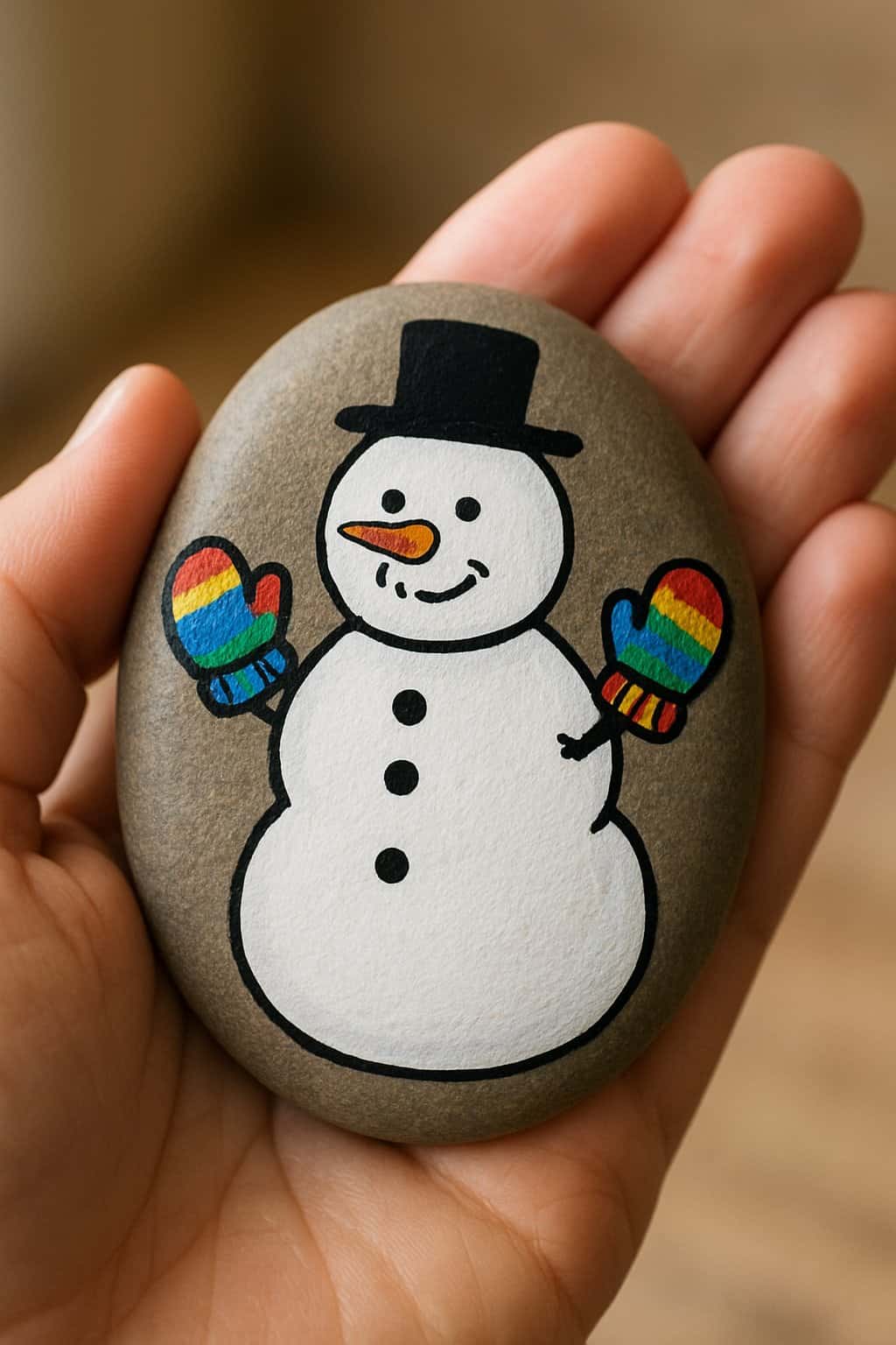 A hand holding a smooth river rock painted with a snowman wearing colorful mittens.