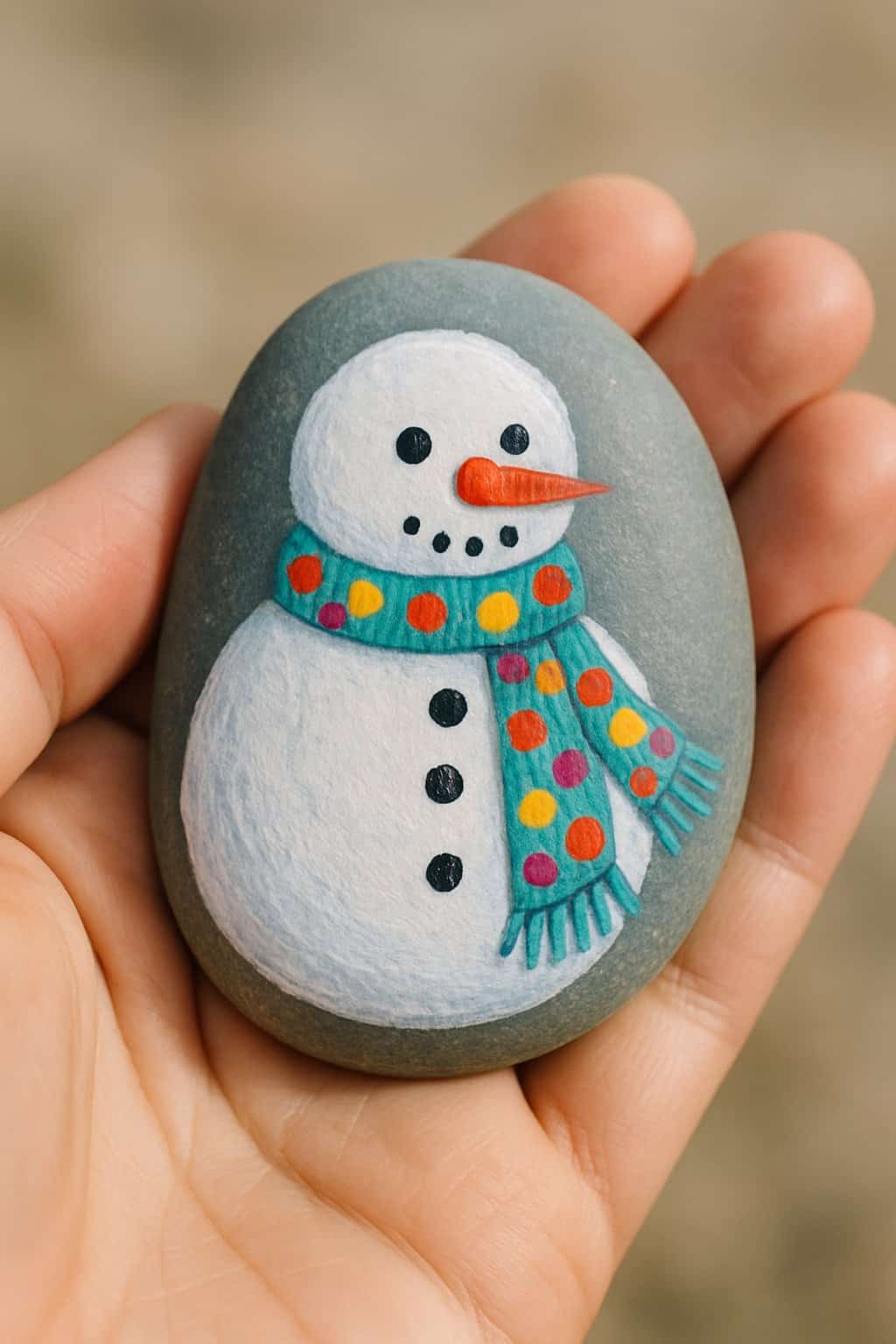A hand holding a smooth river rock painted with a snowman wearing a polka dot scarf.