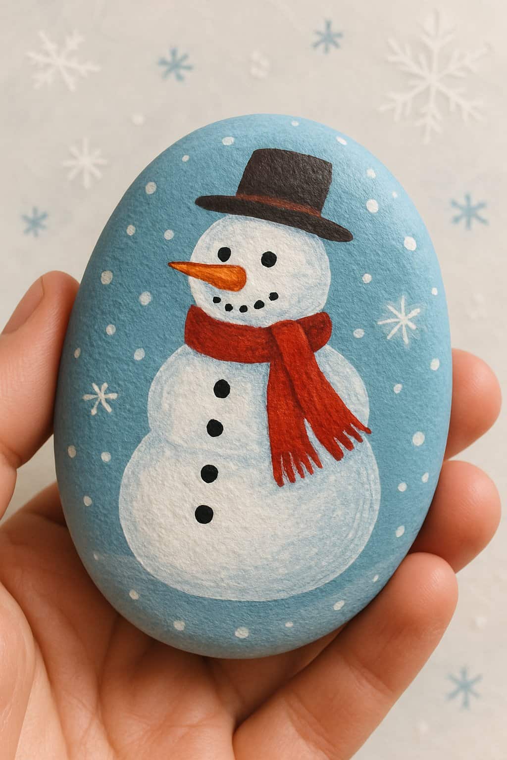 A hand holding a smooth rock painted with a snowman and snowflakes in the background.
