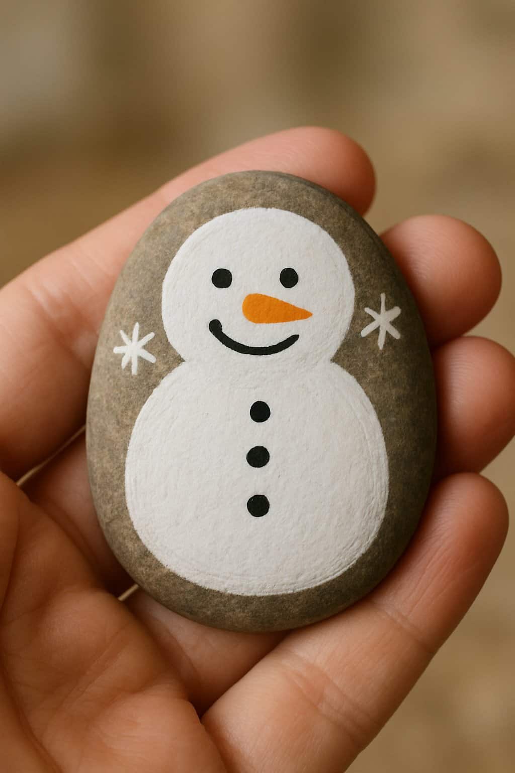 A hand holding a smooth river rock painted with a smiling snowman face.
