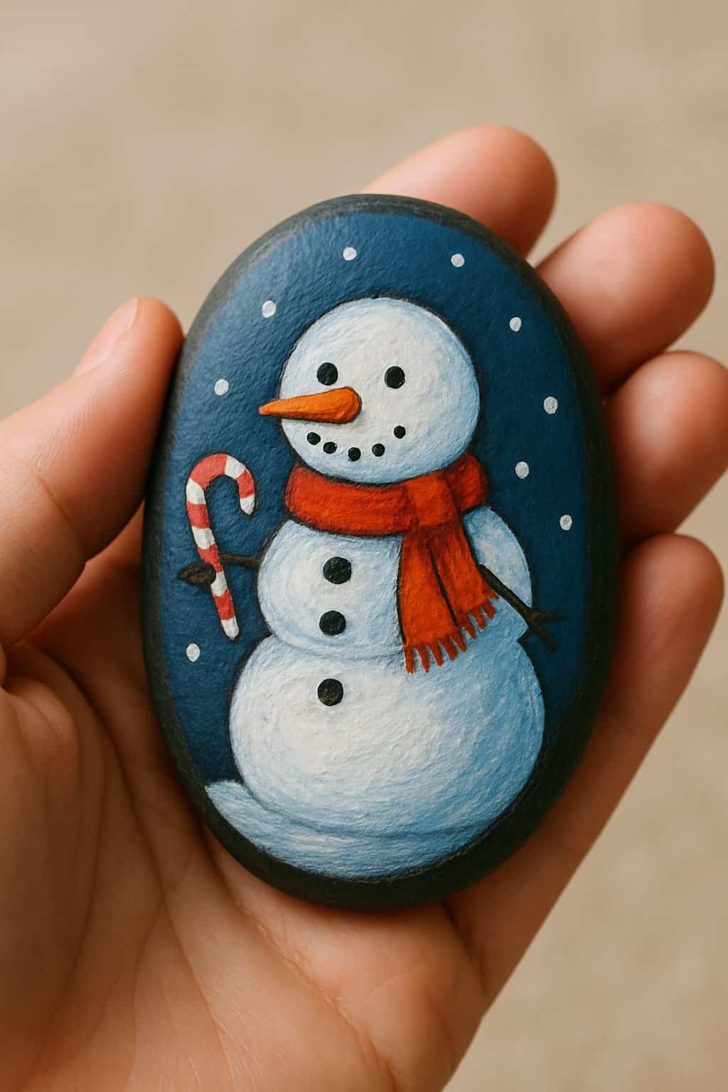 A hand holding a smooth river rock painted with a snowman and a candy cane accessory.
