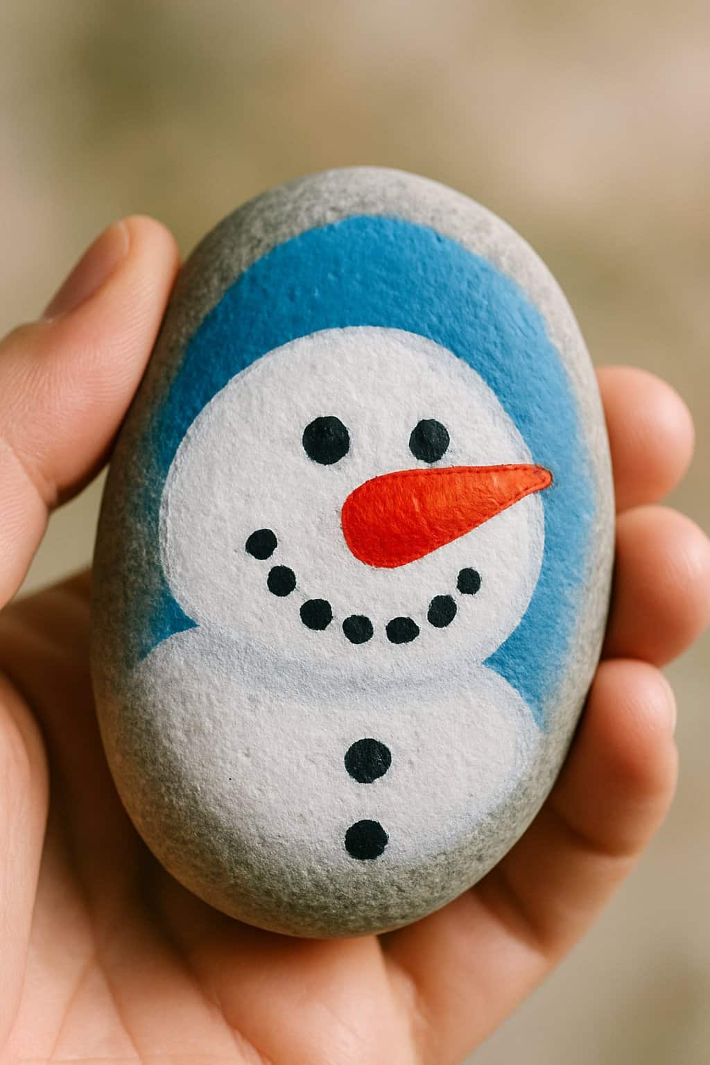 A hand holding a smooth river rock painted with a snowman that has a red nose.