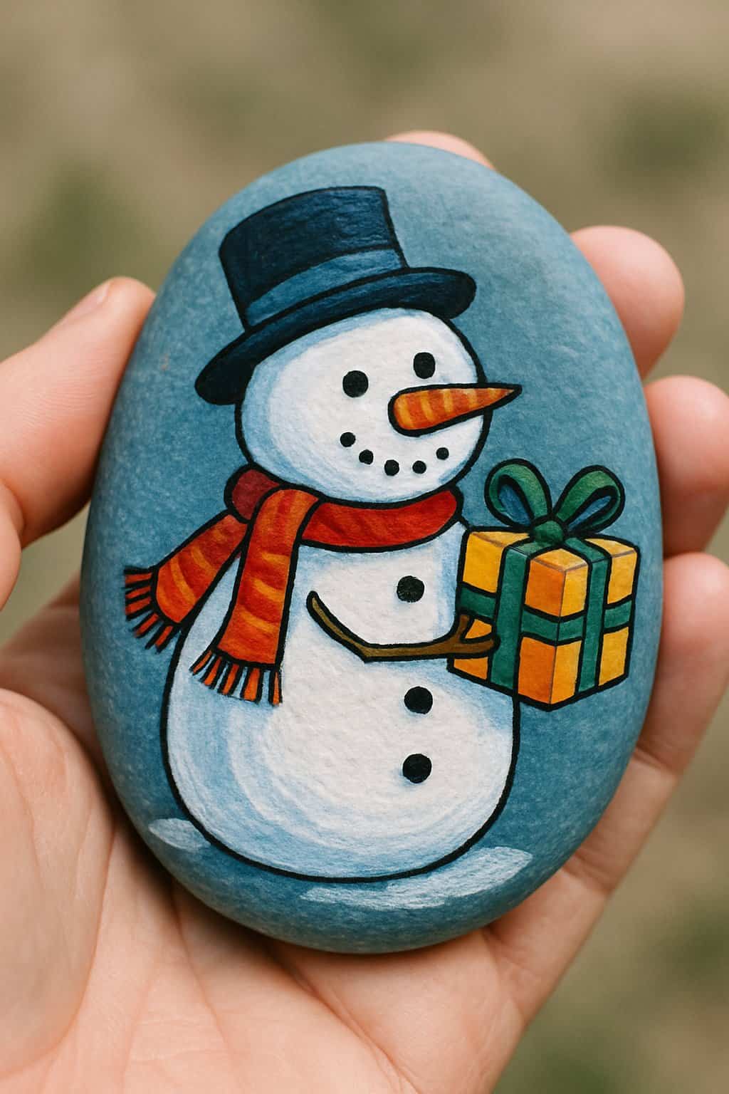 A hand holding a smooth river rock painted with a snowman holding a present.