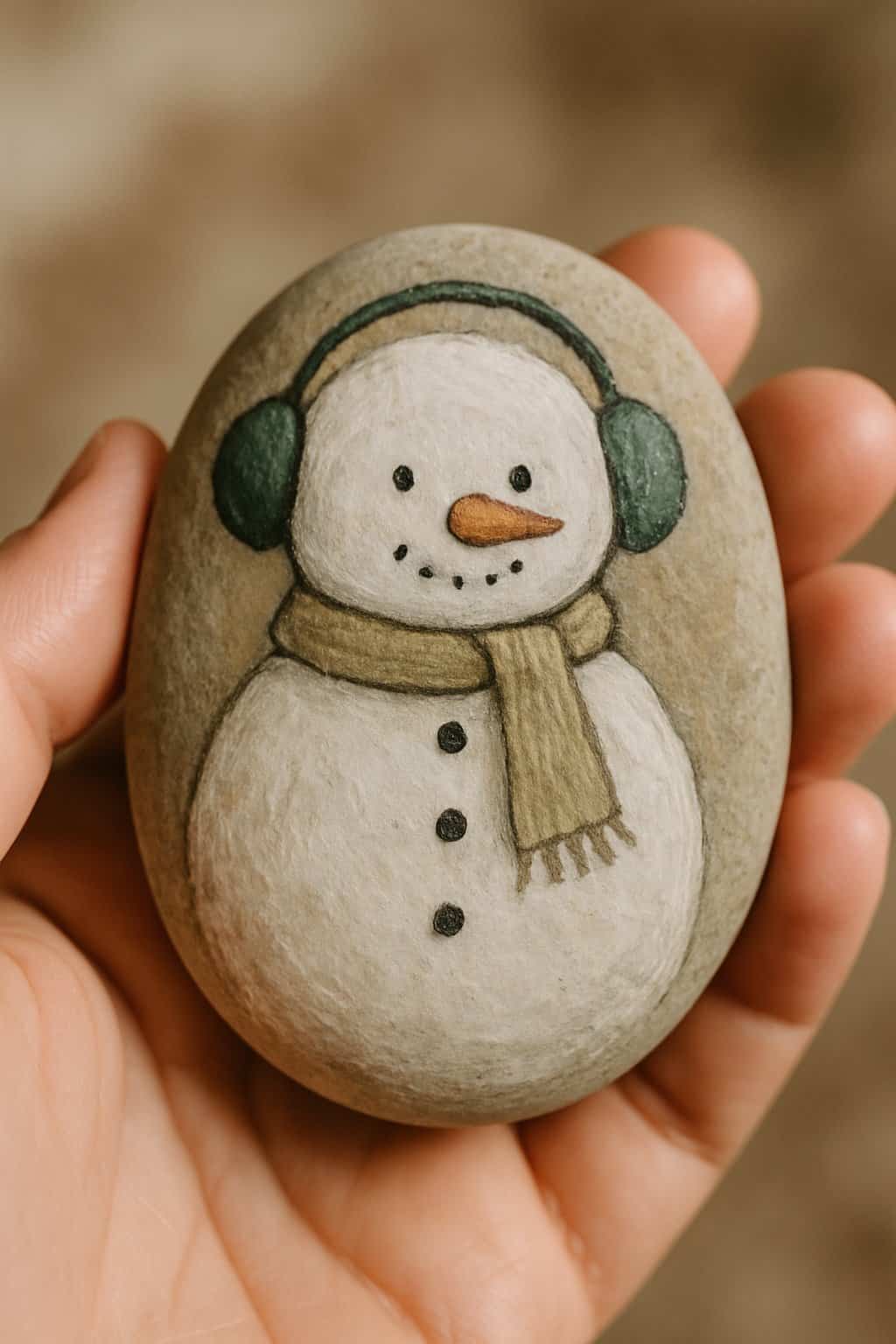 A hand holding a smooth river rock painted with a snowman wearing ear muffs.