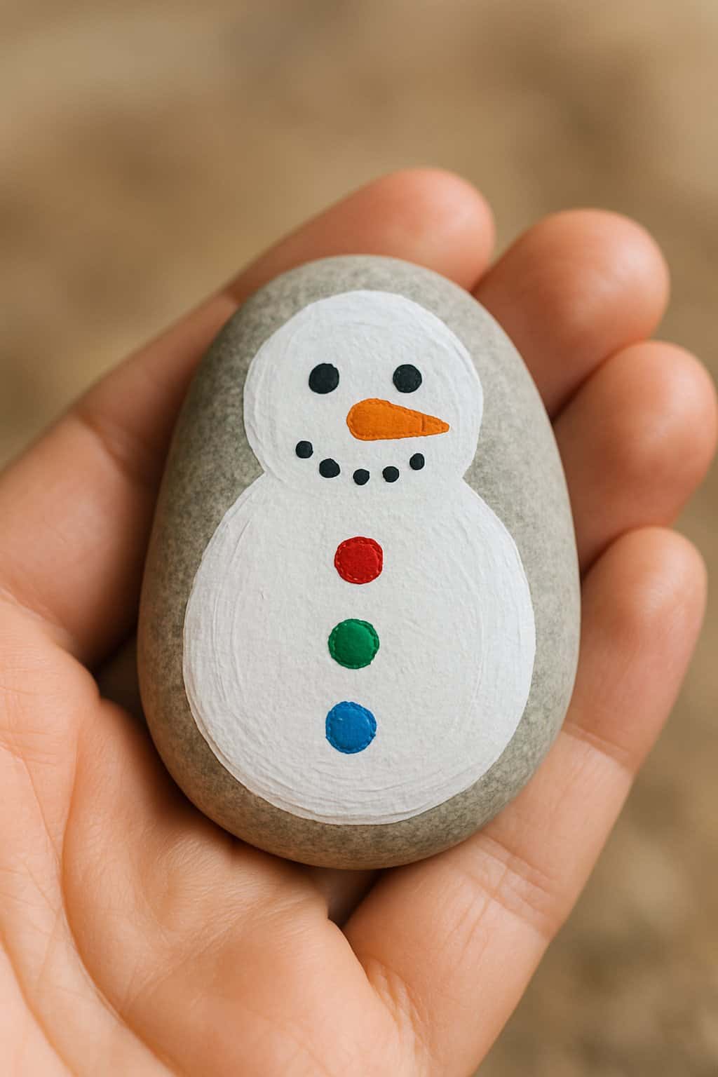 A hand holding a smooth river rock painted with a snowman and colorful buttons.