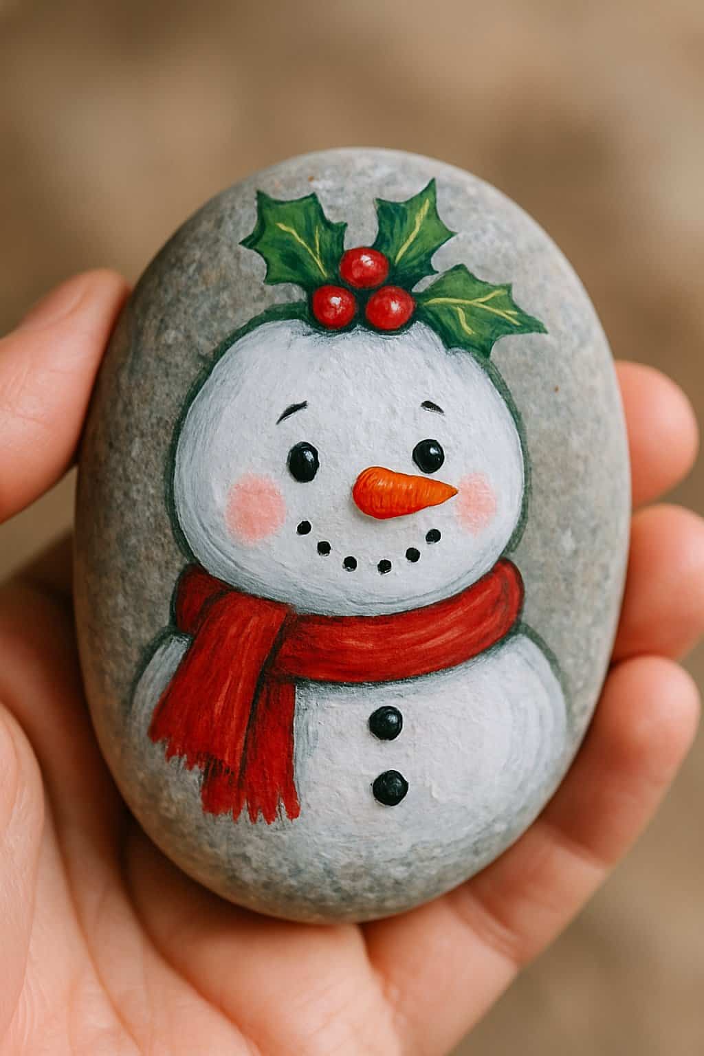 A hand holding a smooth river rock painted with a snowman and holly berries.