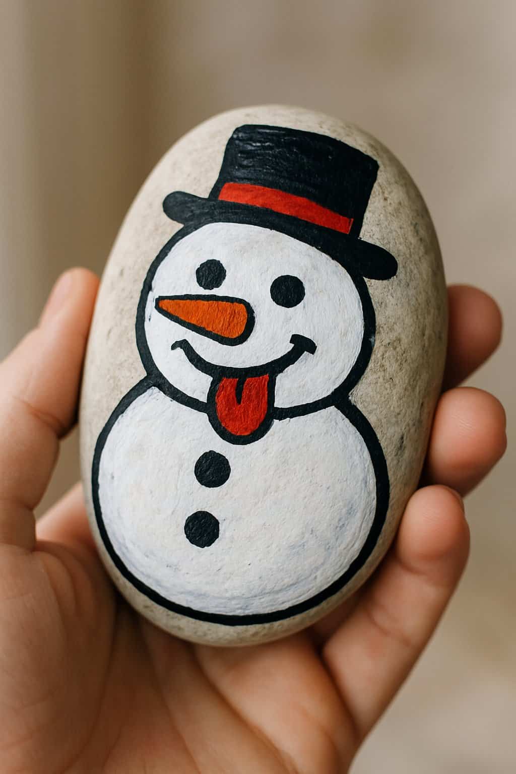 A hand holding a smooth river rock painted with a snowman sticking its tongue out.