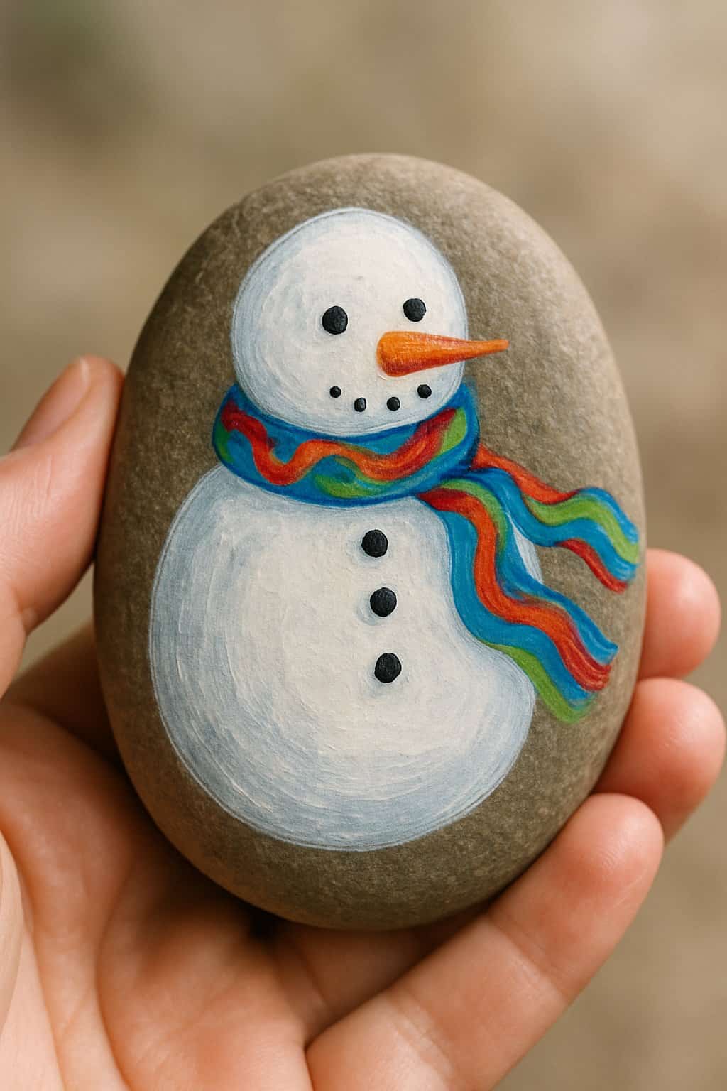 A hand holding a smooth river rock painted with a snowman wearing a wavy scarf.