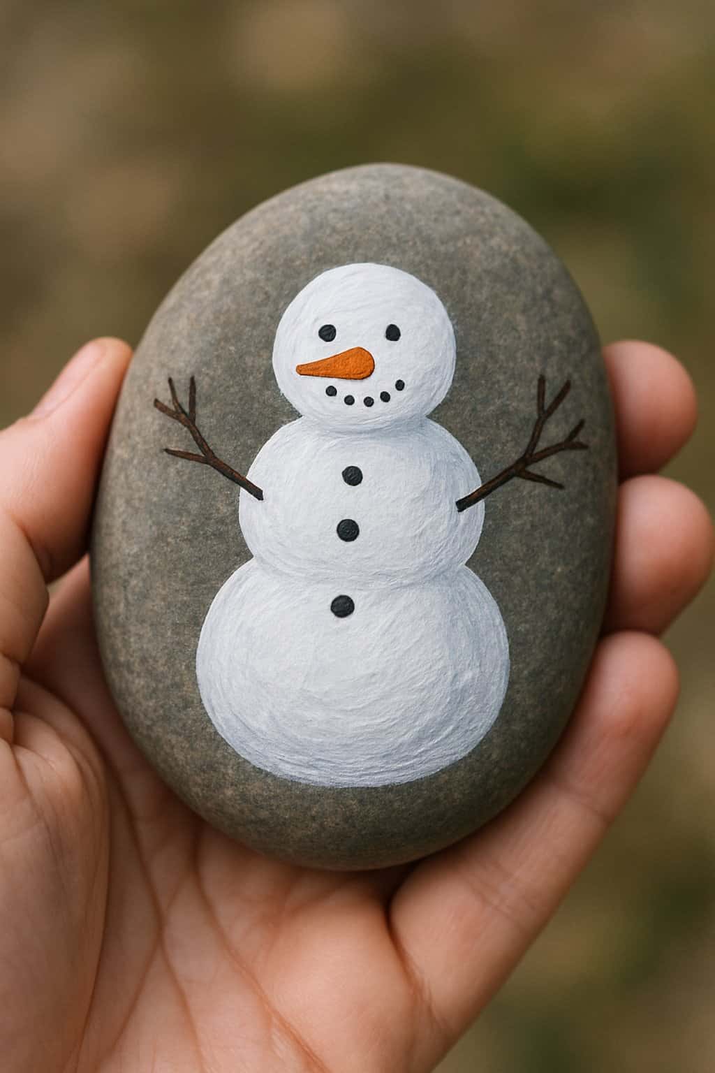 A hand holding a smooth river rock painted with a snowman that has tree branch arms.