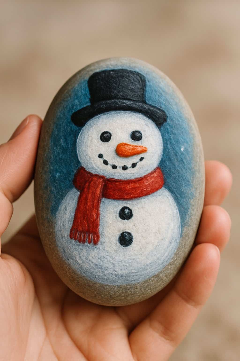 A hand holding a smooth river rock painted with a snowman face with button eyes and a smile.