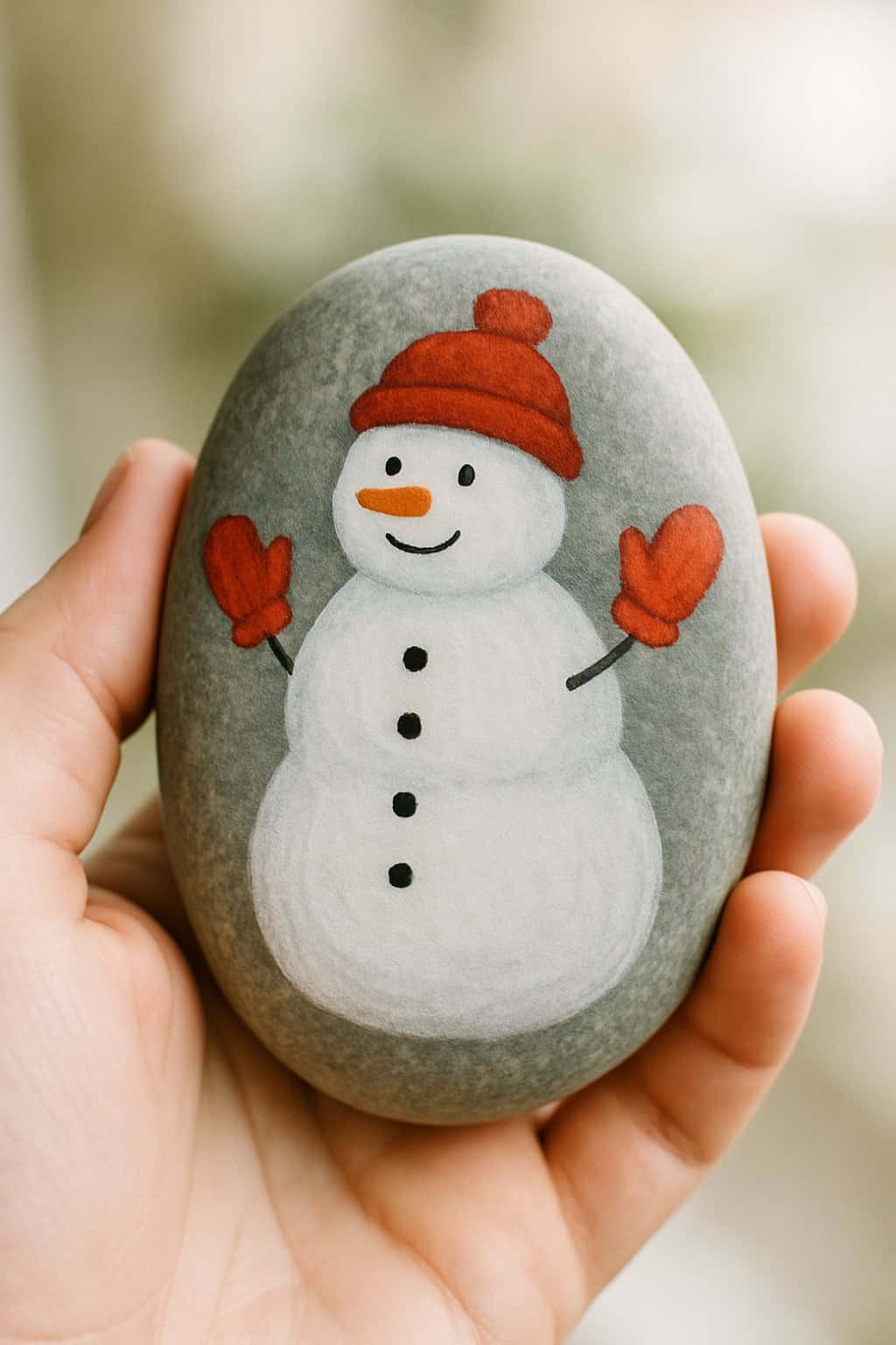 A hand holding a smooth river rock painted with a snowman wearing red mittens and a red hat.