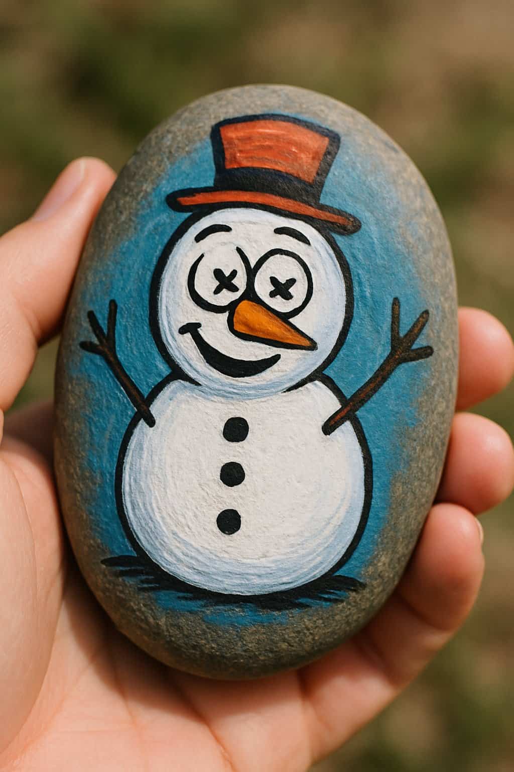 A hand holding a smooth river rock painted with a funny snowman with crossed eyes.