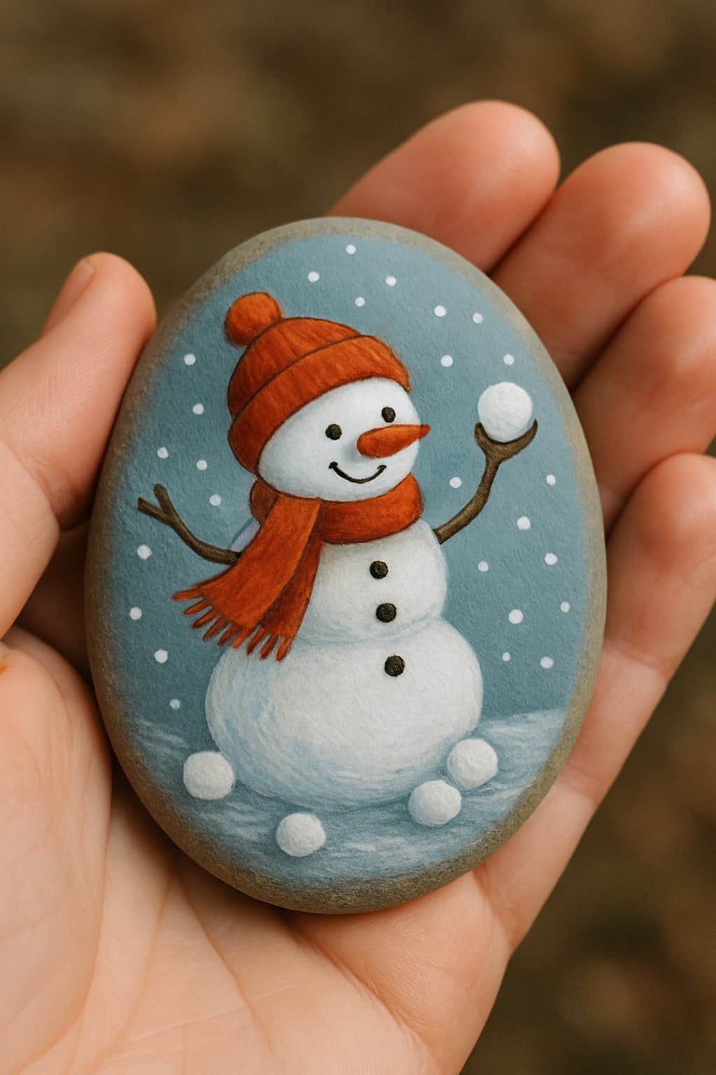 Hand holding a smooth river rock painted with a snowman in a snowball fight scene.