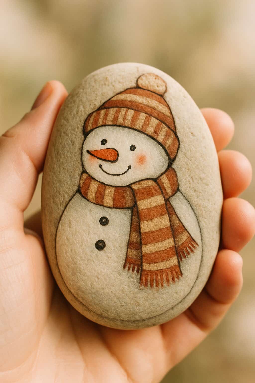 A hand holding a smooth river rock painted with a snowman wearing a striped scarf and hat.