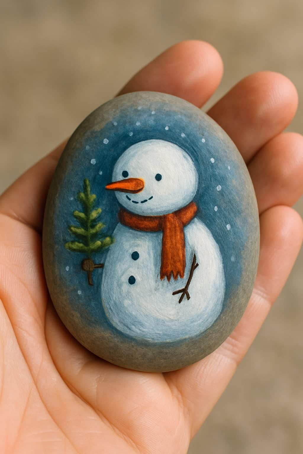 A hand holding a smooth painted rock featuring a snowman holding a small tree.