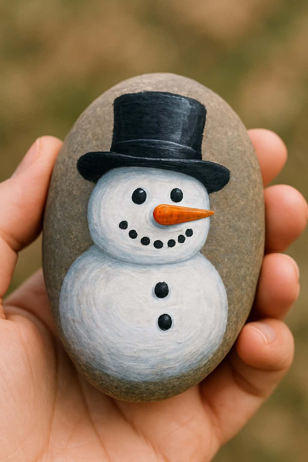 A hand holding a smooth river rock painted with a snowman wearing a black top hat.