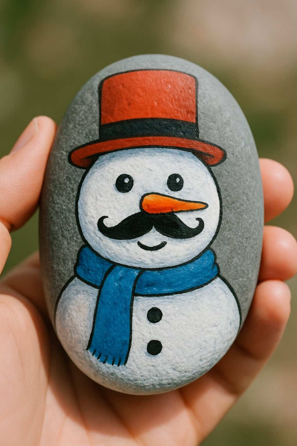 A hand holding a smooth river rock painted with a snowman that has a mustache.