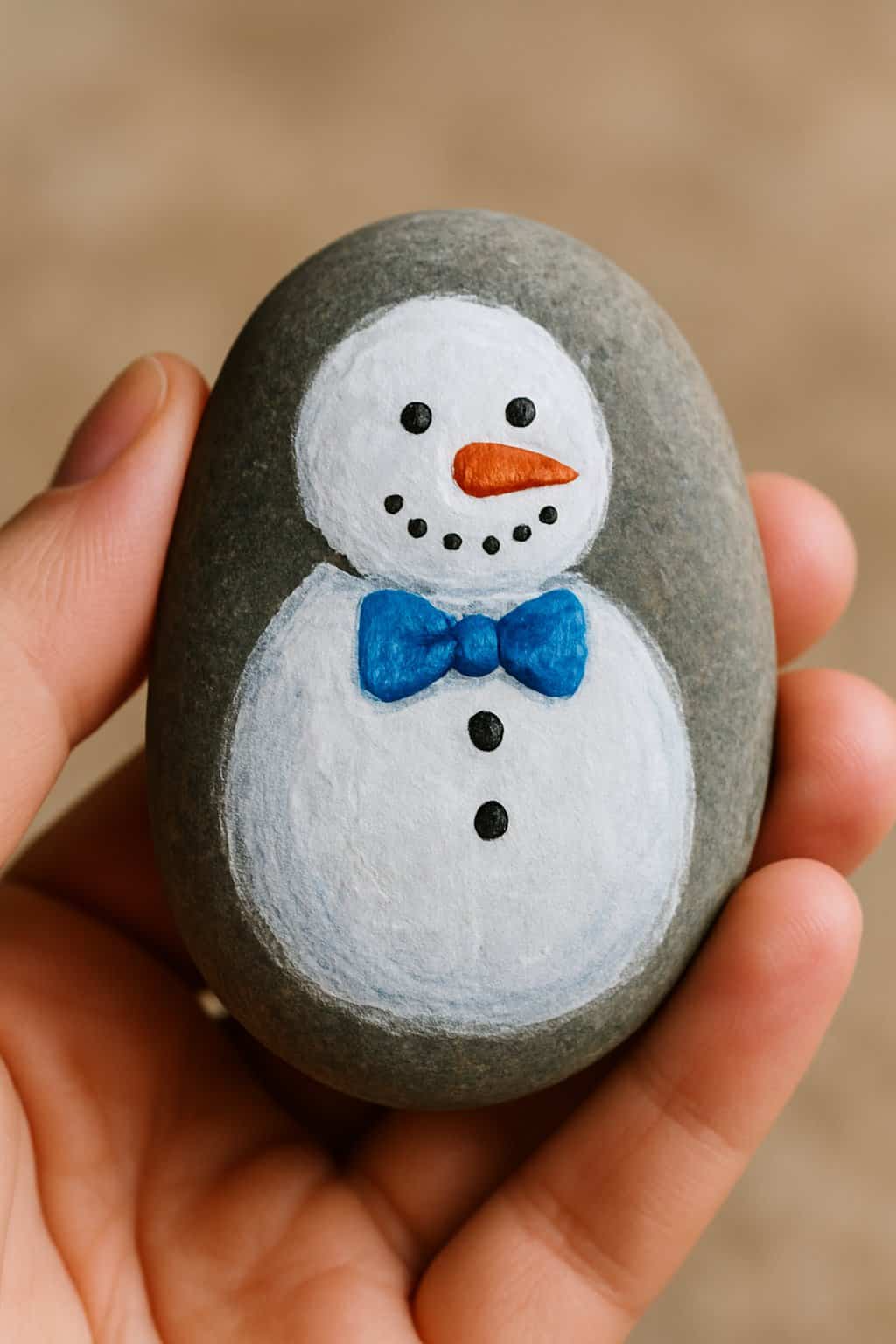 A hand holding a smooth river rock painted with a snowman wearing a blue bowtie.