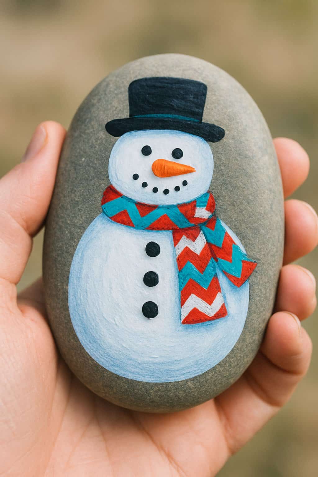 A hand holding a smooth river rock painted with a snowman wearing a chevron patterned scarf.