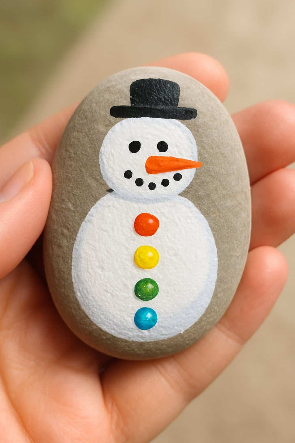 A hand holding a smooth river rock painted with a snowman design decorated with colorful candy buttons.
