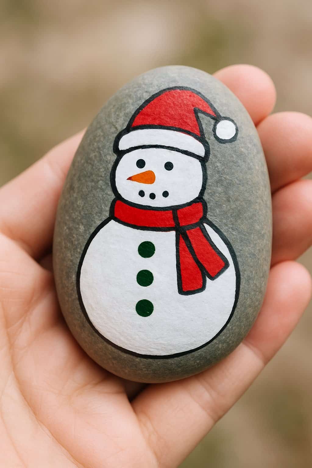 A hand holding a smooth river rock painted with a red and green snowman design.