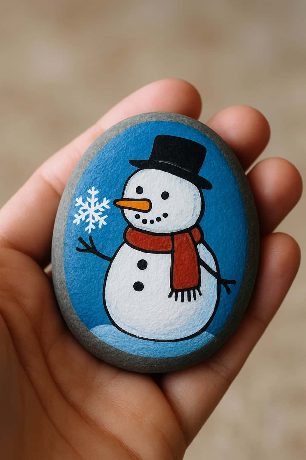 A hand holding a smooth river rock painted with a snowman holding a small snowflake.