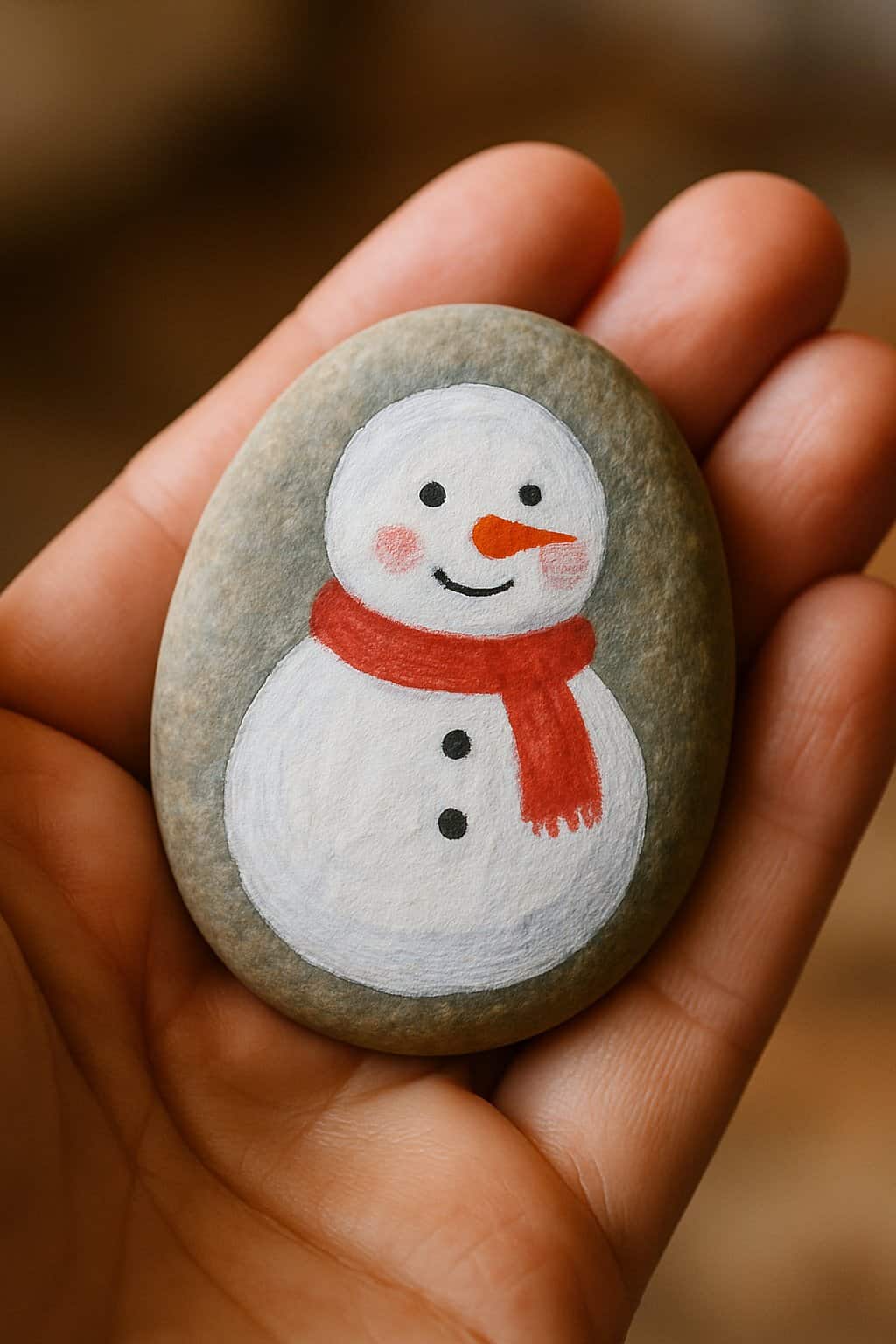 A hand holding a smooth river rock painted with a snowman design featuring red cheeks.