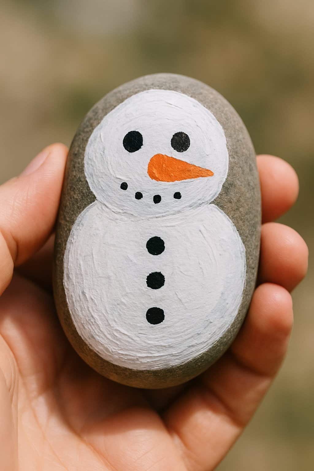 A hand holding a smooth river rock painted as a snowman with an orange carrot nose.