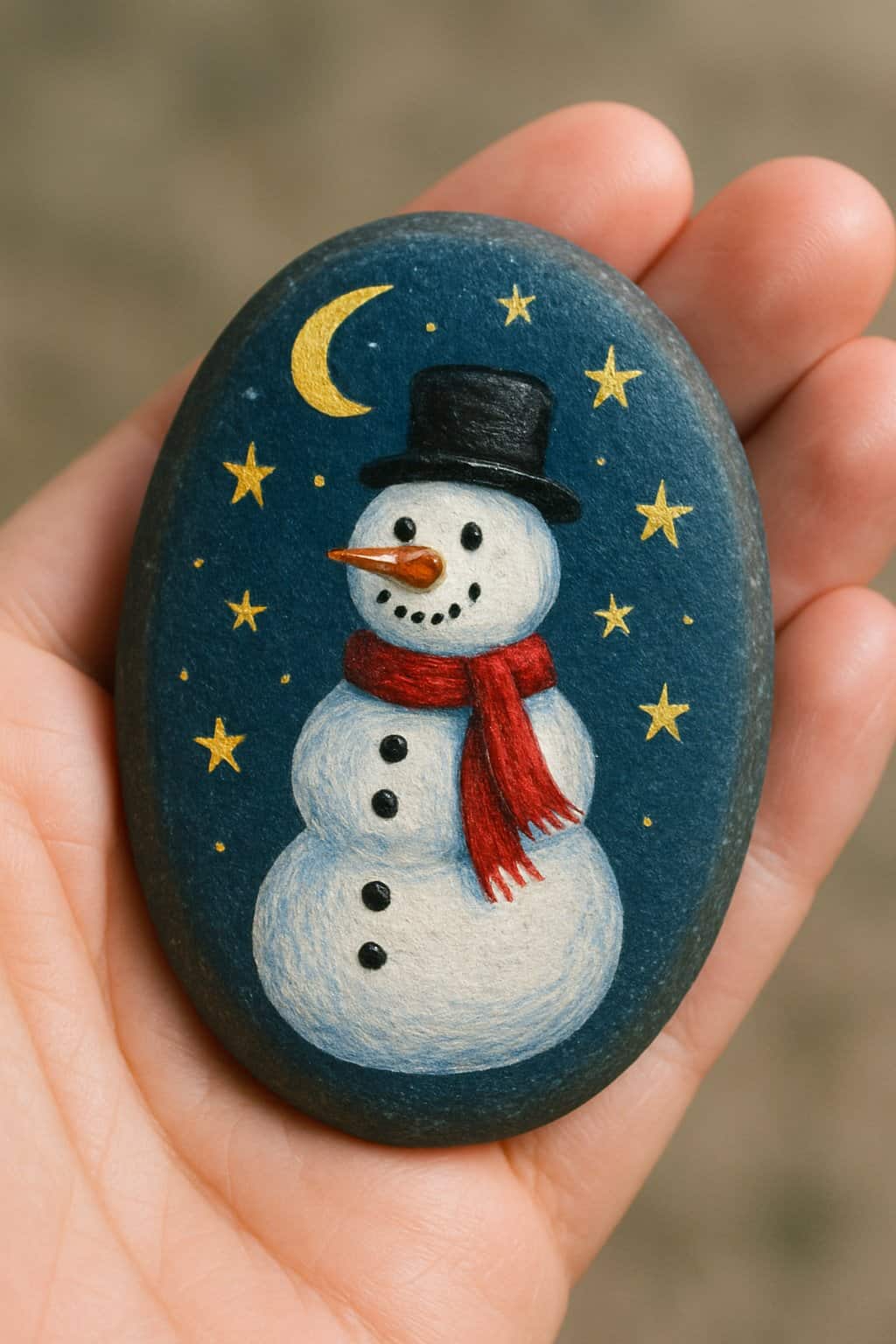 A hand holding a smooth river rock painted with a snowman, stars, and a crescent moon.