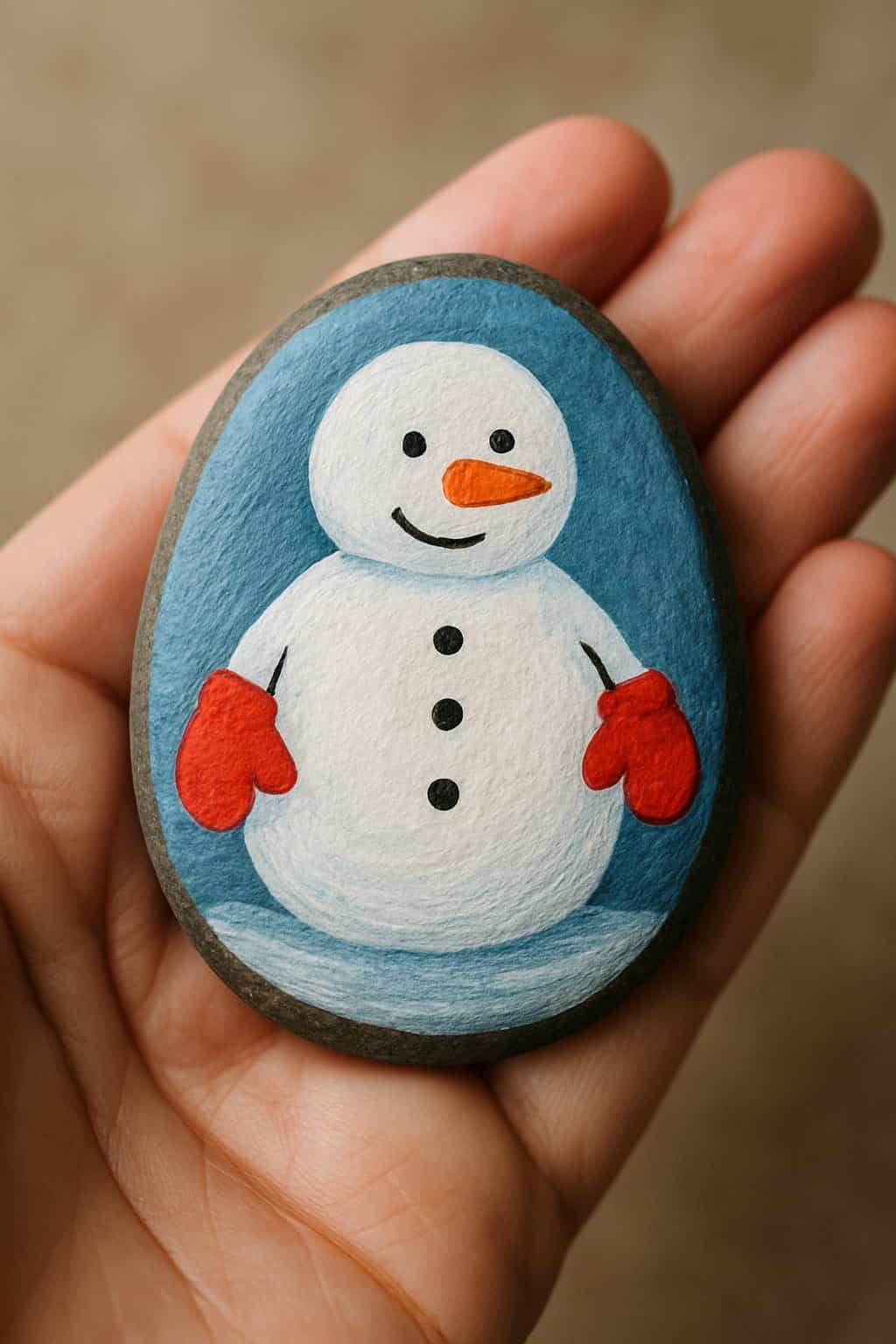 A hand holding a smooth river rock painted with a snowman wearing red mitts.