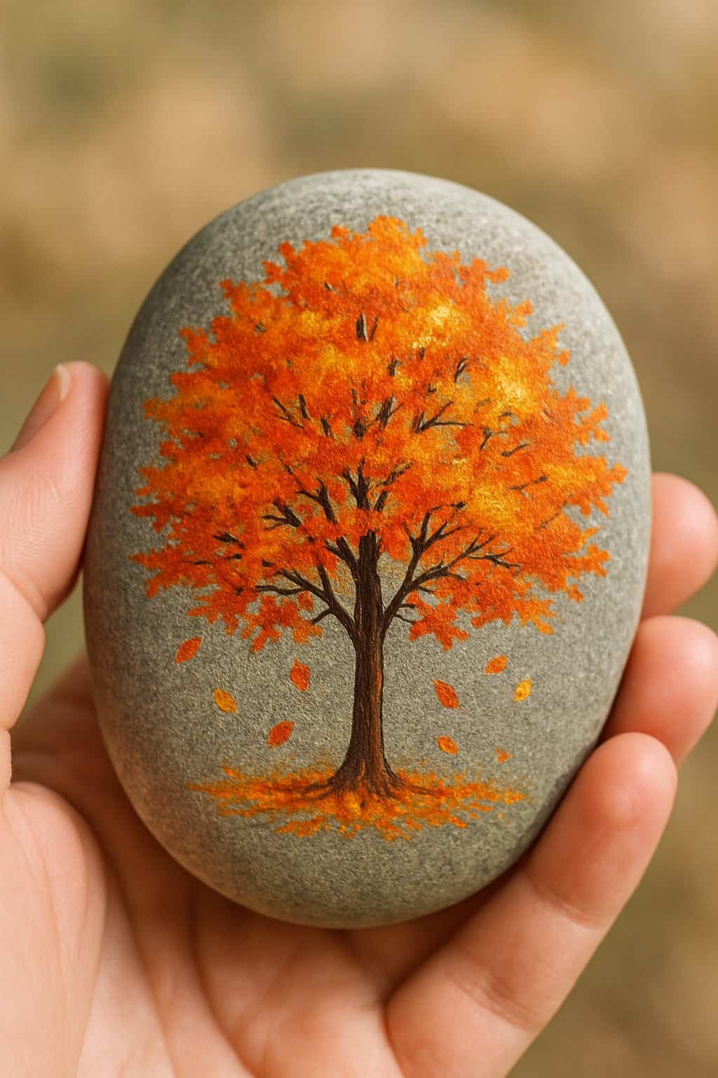 A hand holding a smooth river rock painted with an autumn tree and falling leaves design.