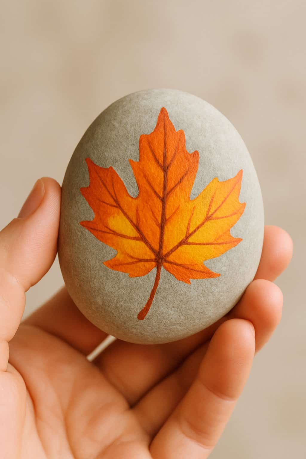 A hand holding a smooth river rock painted with a simple autumn leaf design.