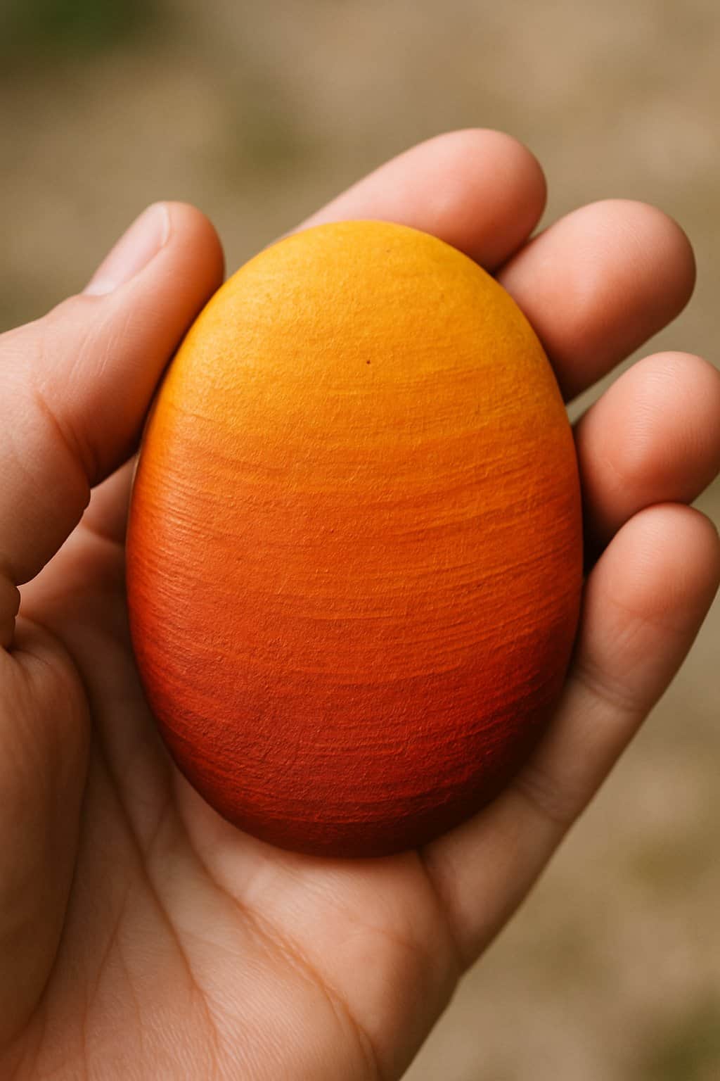 A hand holding a smooth river rock painted with orange and red gradient colors.