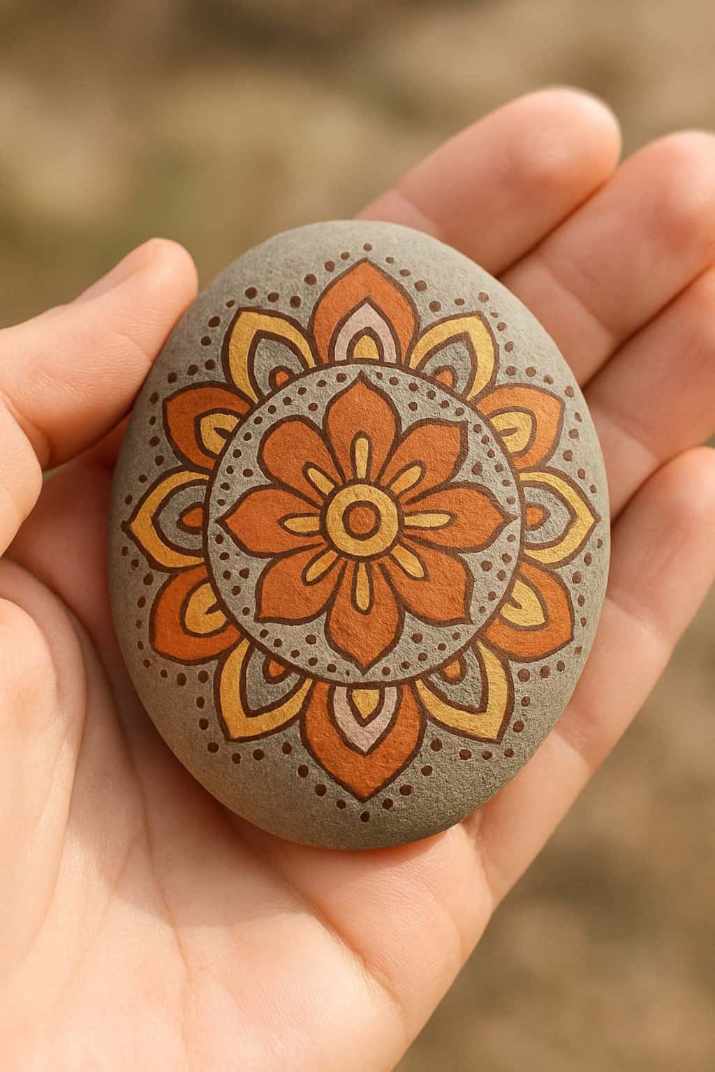 A hand holding a smooth painted river rock with a simple mandala design.