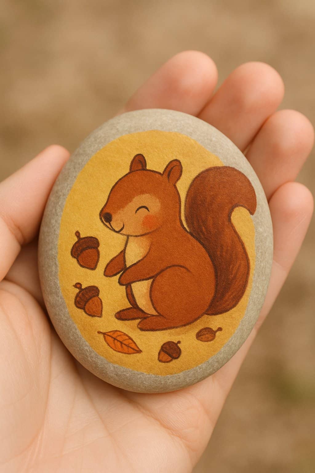 A hand holding a smooth river rock painted with a cute squirrel and nuts.