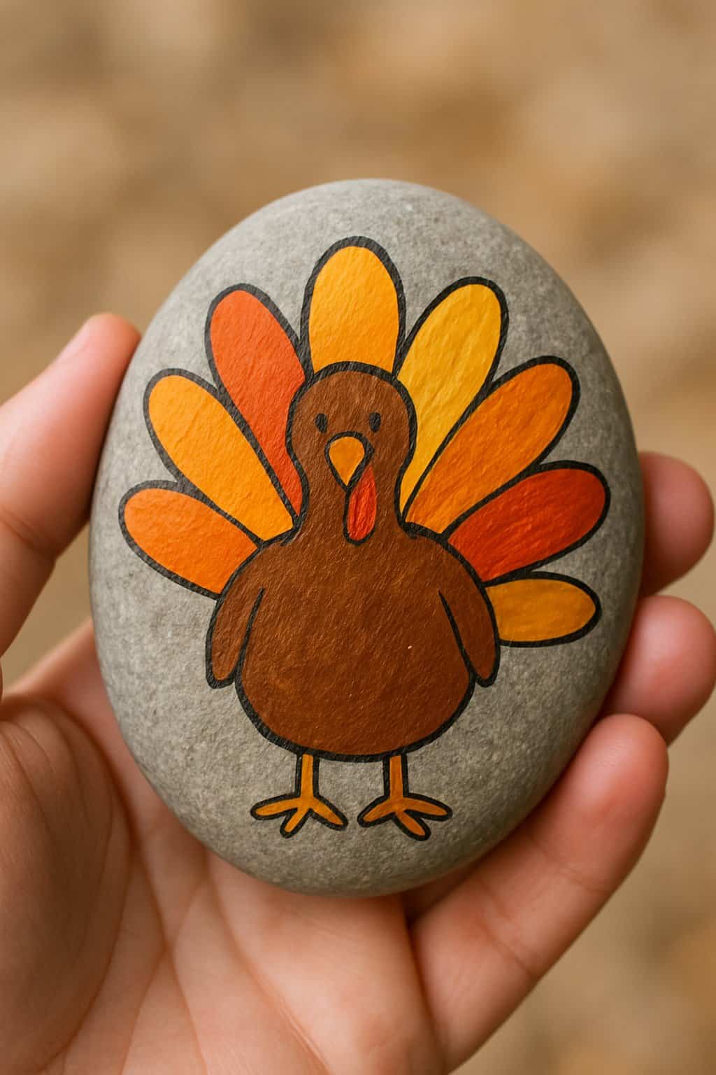 A hand holding a smooth river rock painted with a simple Thanksgiving turkey design in fall colors.
