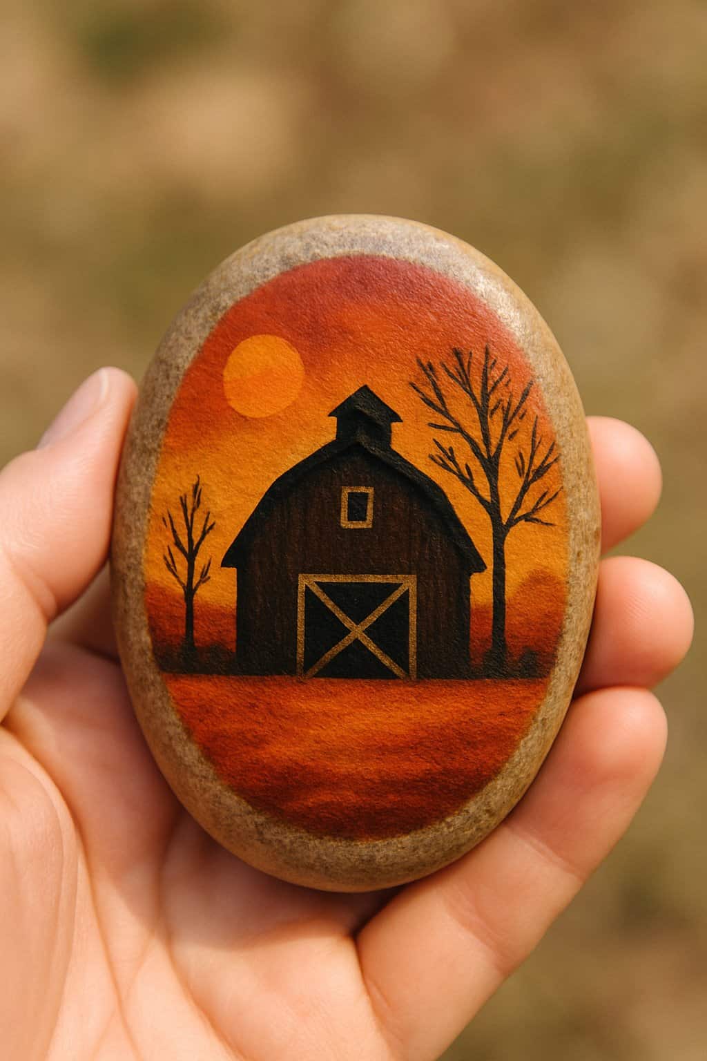 A hand holding a smooth river rock painted with a rustic barn silhouette design.